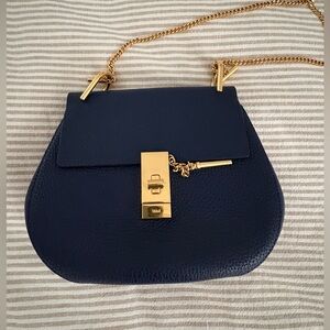 Chloe Drew Navy Blue Leather Bag with Gold Accents